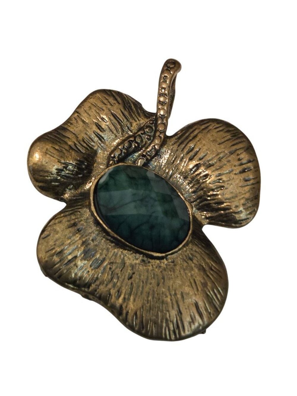 1928 Collection Vintage 2" Brass Tone Green Cabochon Lucky Clover Necklace Penda